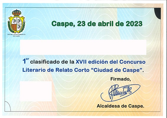 Diploma primer premio Caspe 2023